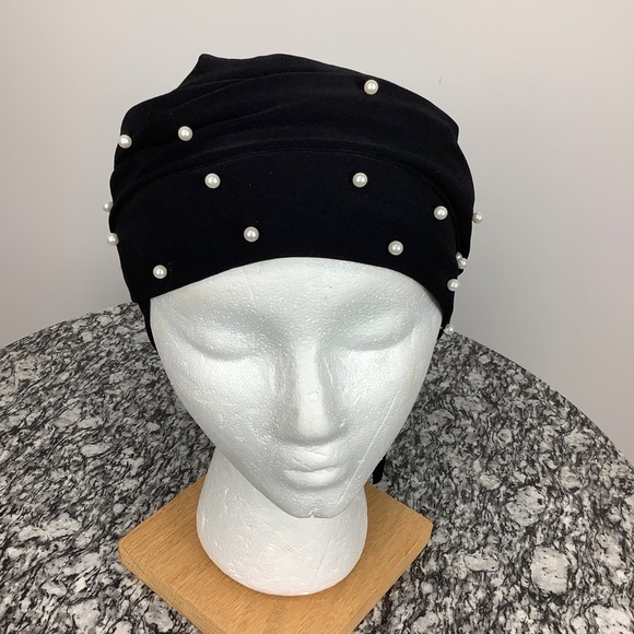 Black with Pearl Accent Fashion Bun Cap Hair Wrap - Picture 5 of 8